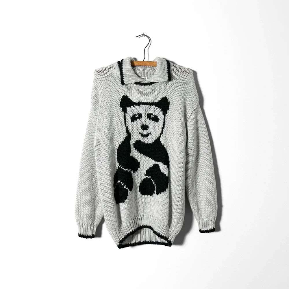 Vintage Hand Made Panda Collared Knit Sweater Womens L Grey Black